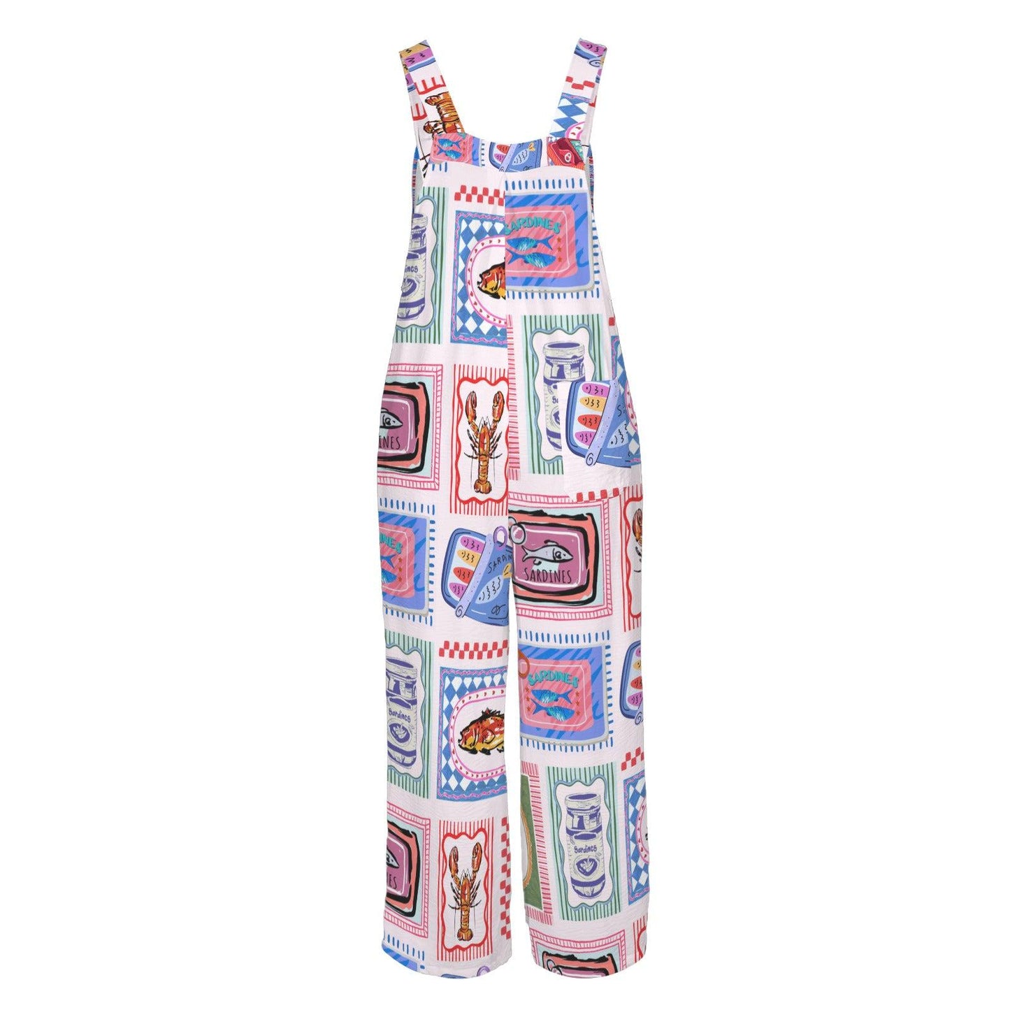 Sardine Tin Jumpsuit, Lobster Fish Print Wide Leg Overalls, Coastal Maximalist Clothing