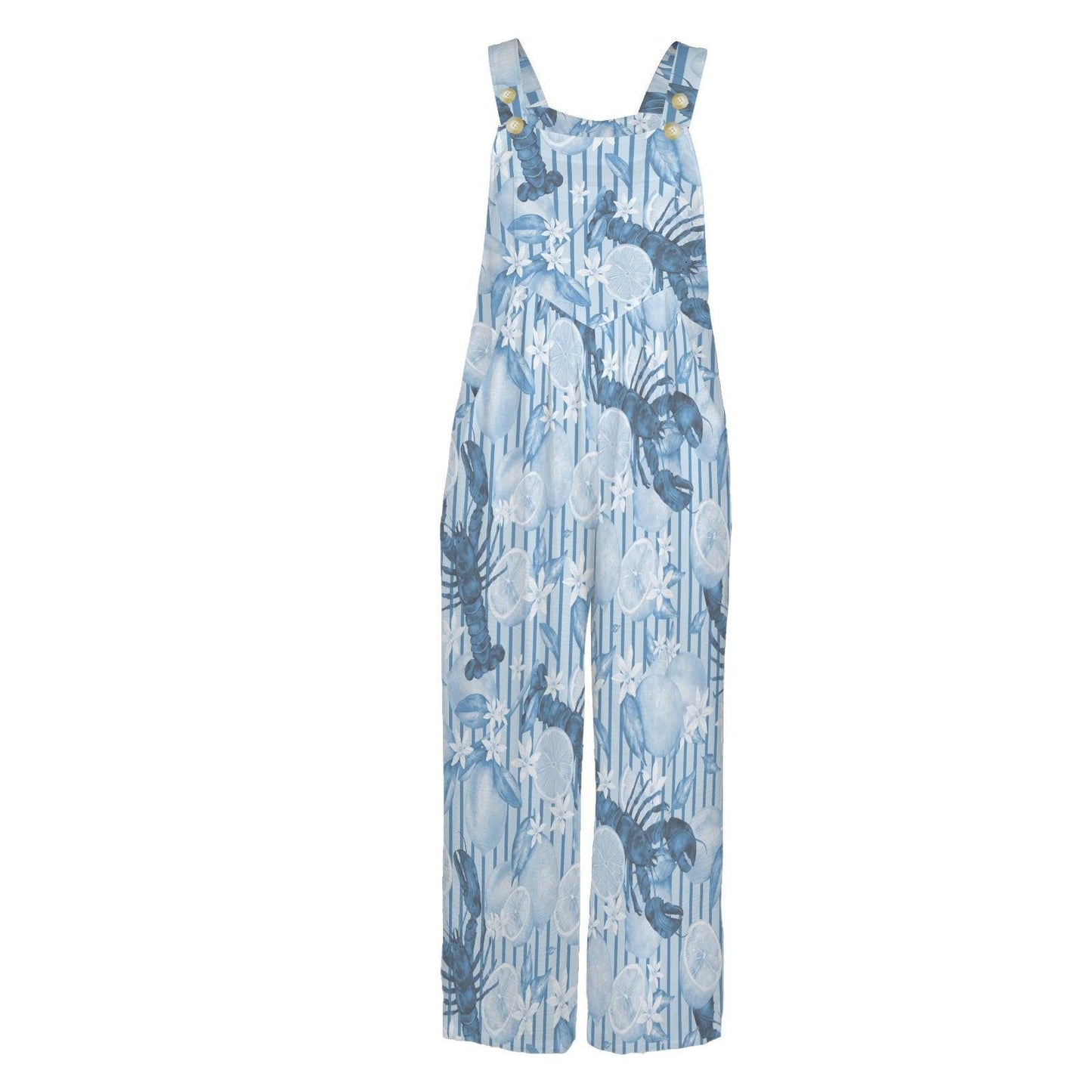 Blue Lobster Citrus Print Wide Leg Jumpsuit, Nautical Summer Romper