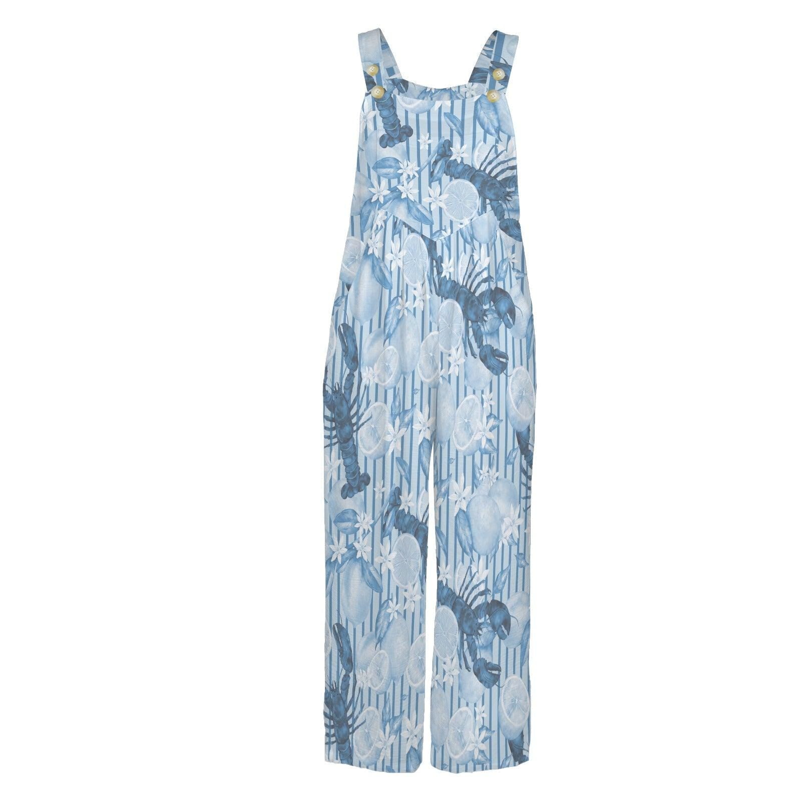 Blue Lobster Citrus Print Wide Leg Jumpsuit, Nautical Summer Romper