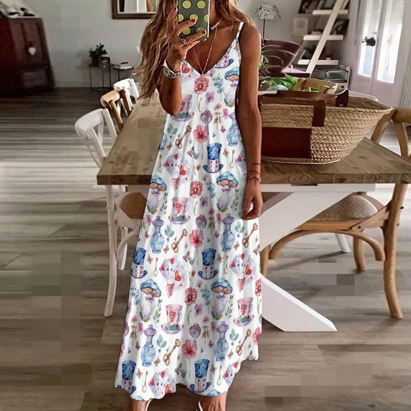 Tea Cup Print Sundress, White Strappy Maxi Dress, Cottagecore Tea Party Dress for Garden Showers Vacation and Whimsical Gifting