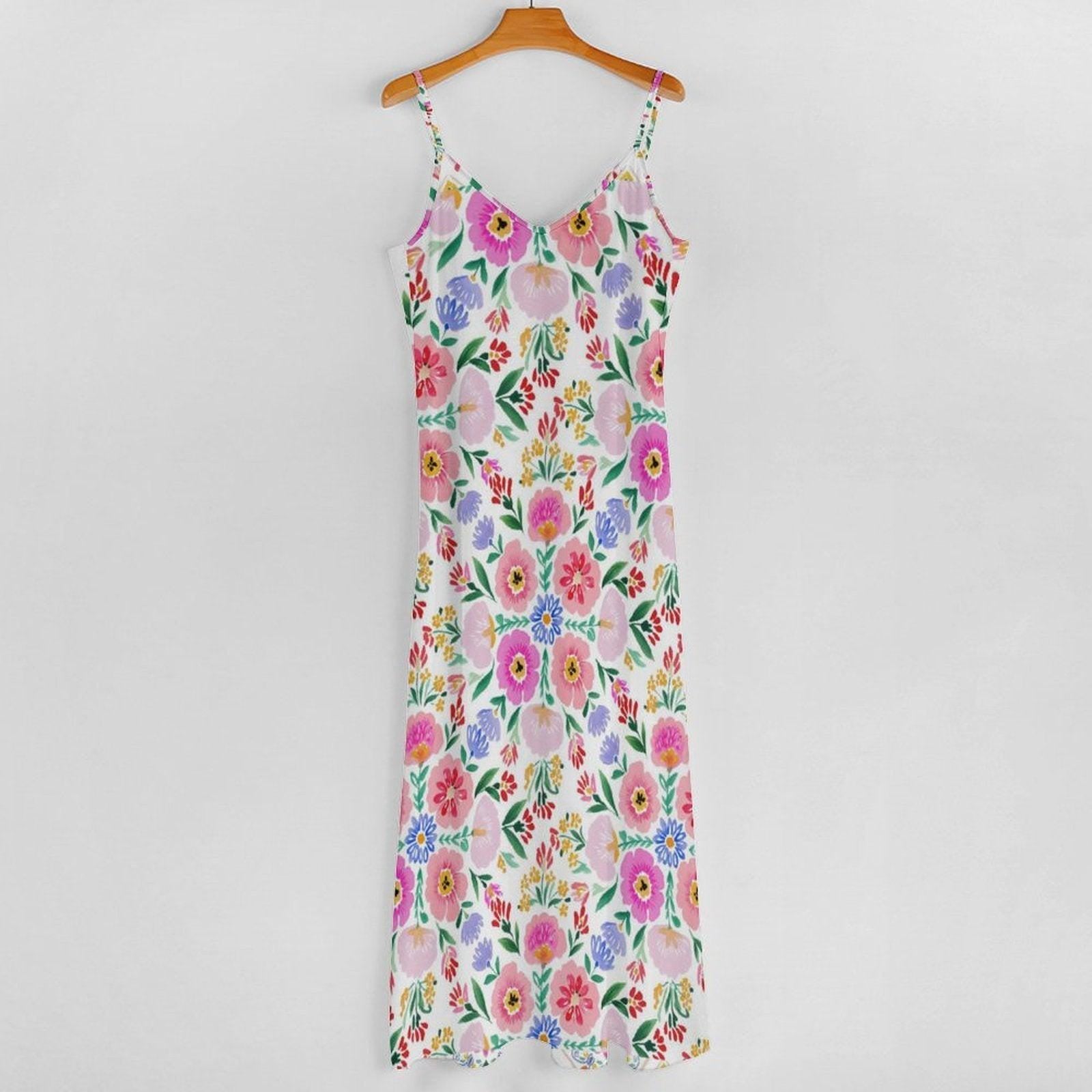 White Floral Sundress, Strappy Cottagecore Maxi Dress, Garden Print Vacation Outfit