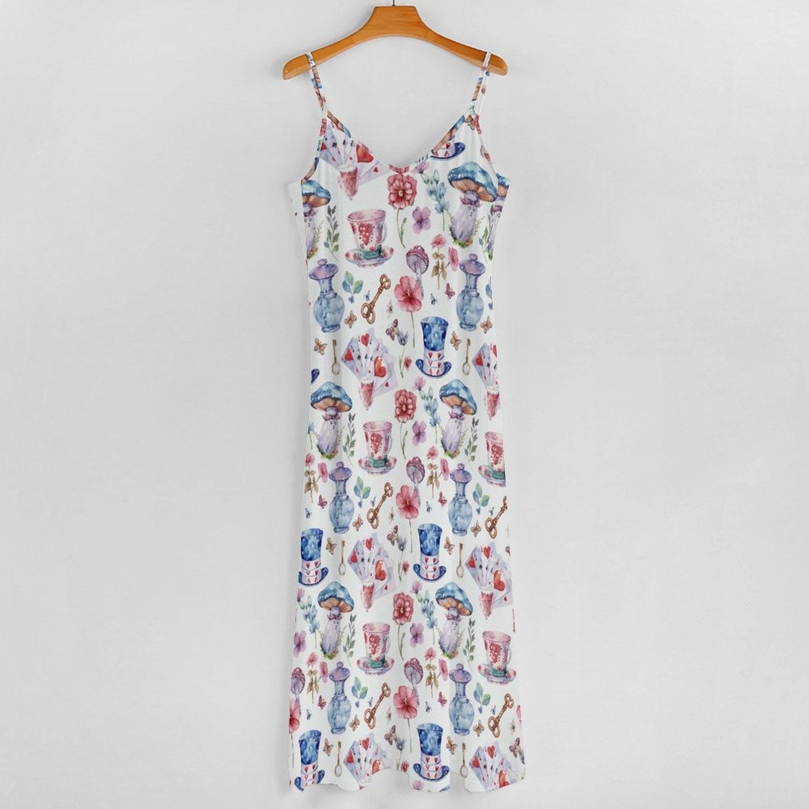 Tea Cup Print Sundress, White Strappy Maxi Dress, Cottagecore Tea Party Dress for Garden Showers Vacation and Whimsical Gifting