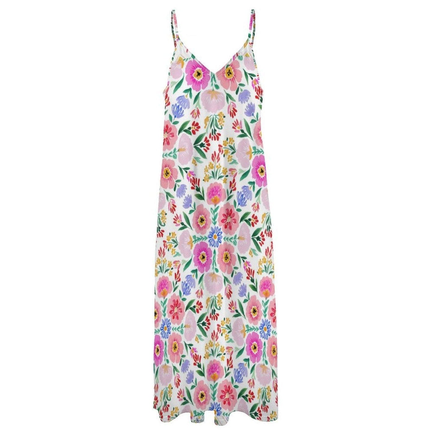 White Floral Sundress, Strappy Cottagecore Maxi Dress, Garden Print Vacation Outfit