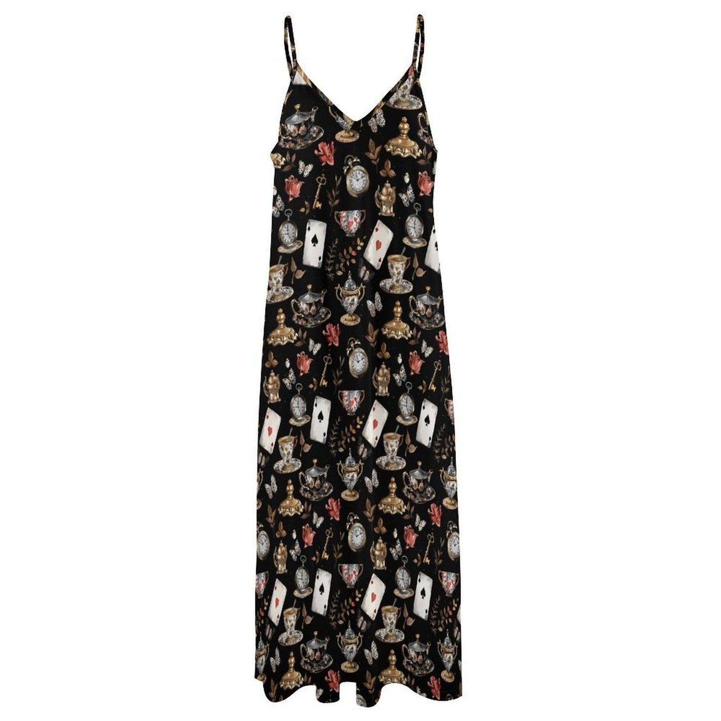 Dark Fairytale Maxi Dress, Playing Card Print, Cottagecore Sundress, Sleeveless Black Tea Party