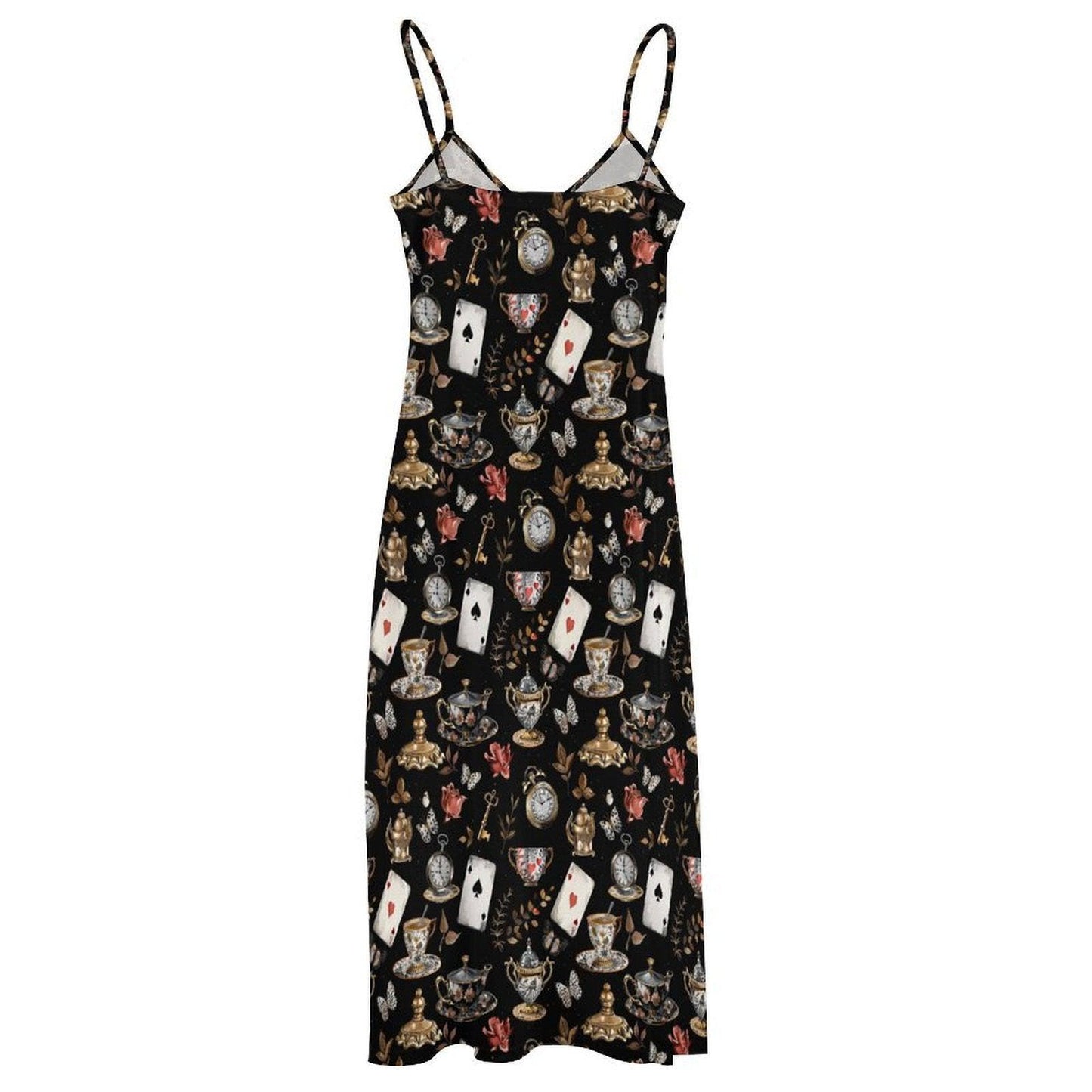 Dark Fairytale Maxi Dress, Playing Card Print, Cottagecore Sundress, Sleeveless Black Tea Party