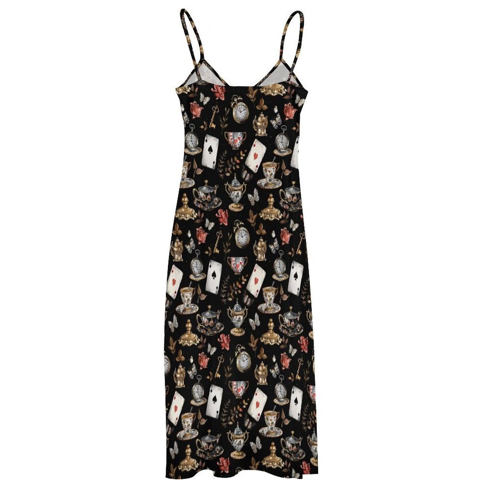 Dark Fairytale Maxi Dress, Playing Card Print, Cottagecore Sundress, Sleeveless Black Tea Party