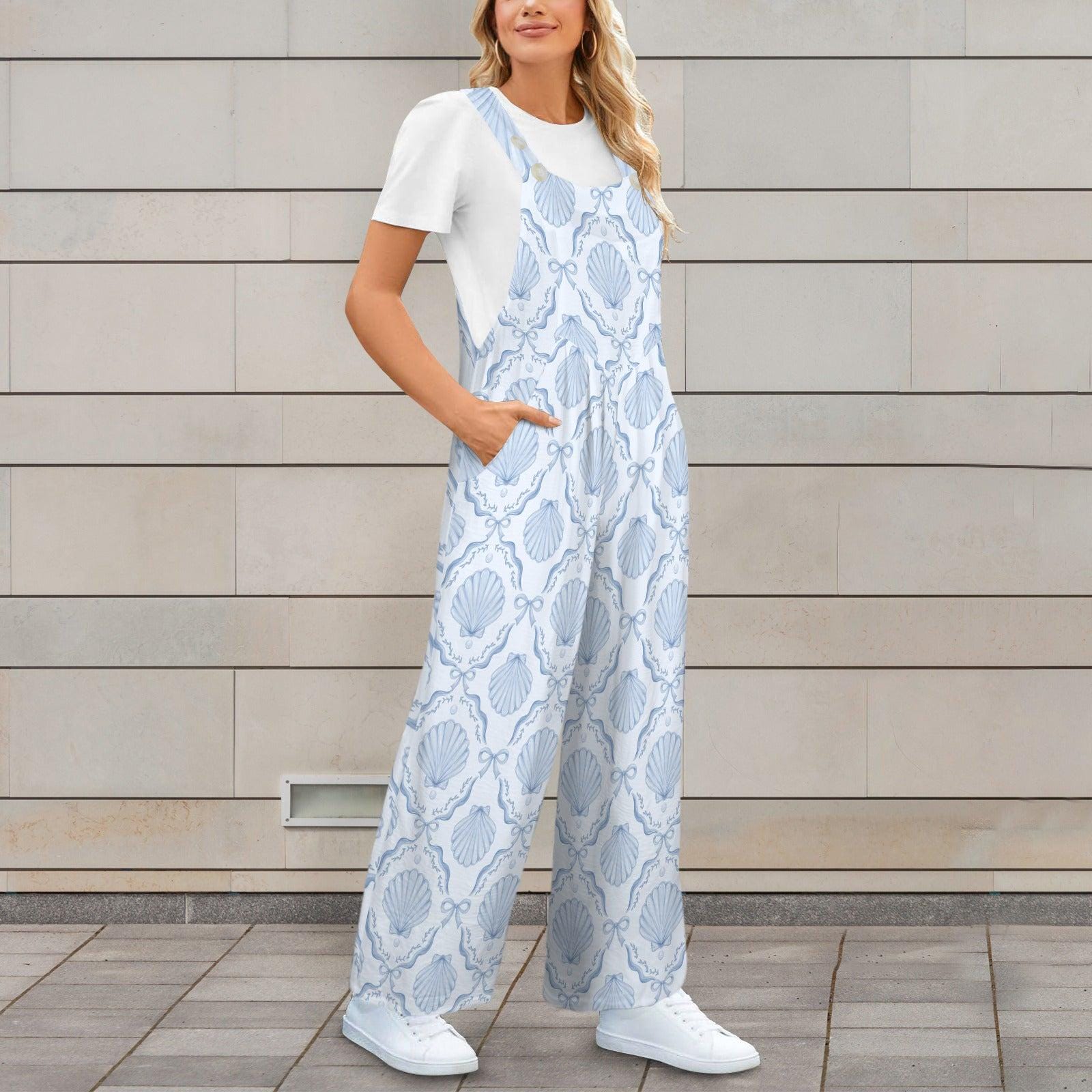Blue Seashell Wide Leg Jumpsuit, Nautical Beach Resort One Piece
