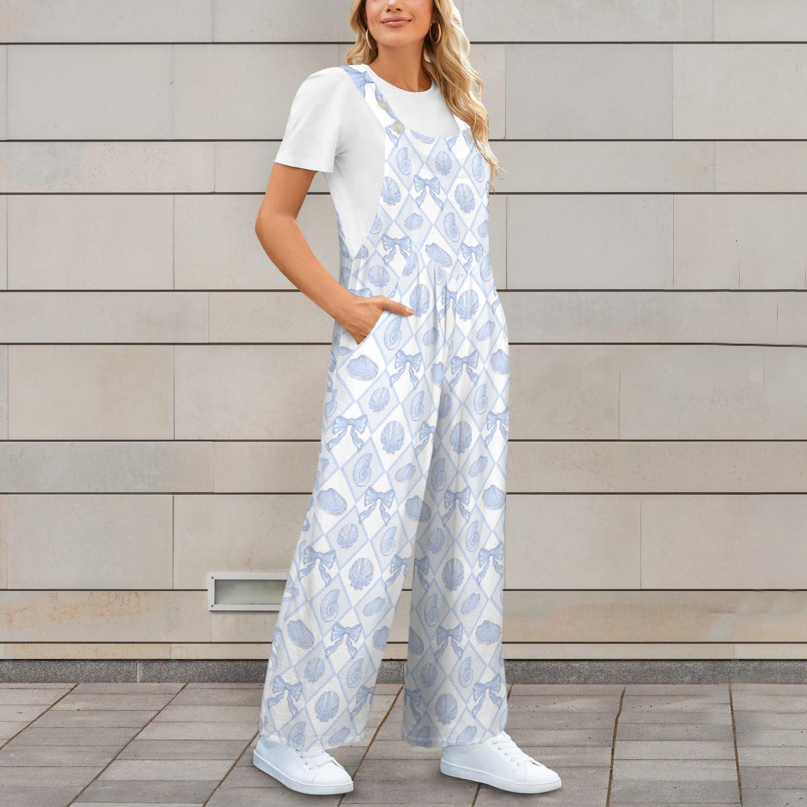 Seashell Print Wide Leg Jumpsuit, Blue Coastal Beach Romper
