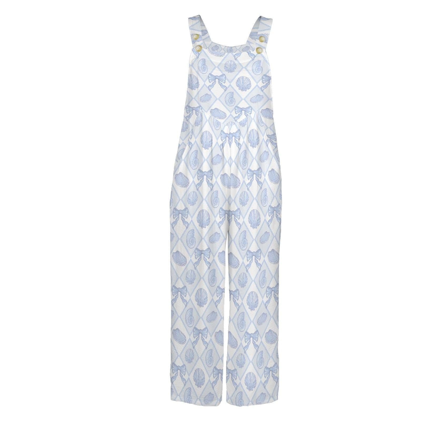 Seashell Print Wide Leg Jumpsuit, Blue Coastal Beach Romper