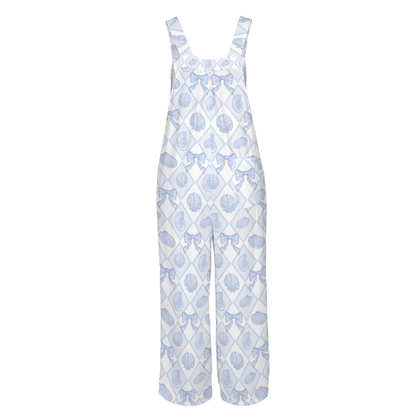Seashell Print Wide Leg Jumpsuit, Blue Coastal Beach Romper