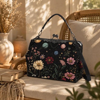Kiss Lock Frame Bag, Cosmic Garden Purse, Vintage Planet Floral Evening Bag