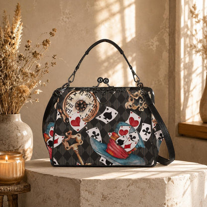 Wonderland Tea Party Kisslock Handbag, Playing Card Clock Frame Purse, Queen of Hearts Bag