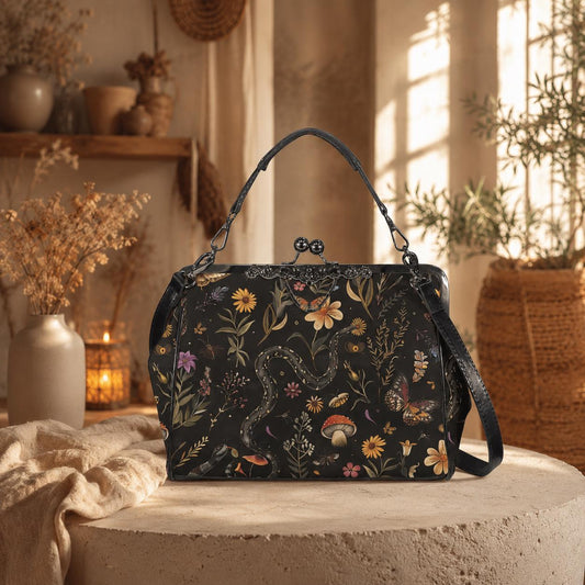 Snake Kiss Lock Bag, Dark Cottagecore Doctor Purse, Woodland Frame Handbag