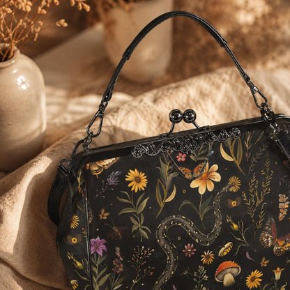 Snake Kiss Lock Bag, Dark Cottagecore Doctor Purse, Woodland Frame Handbag