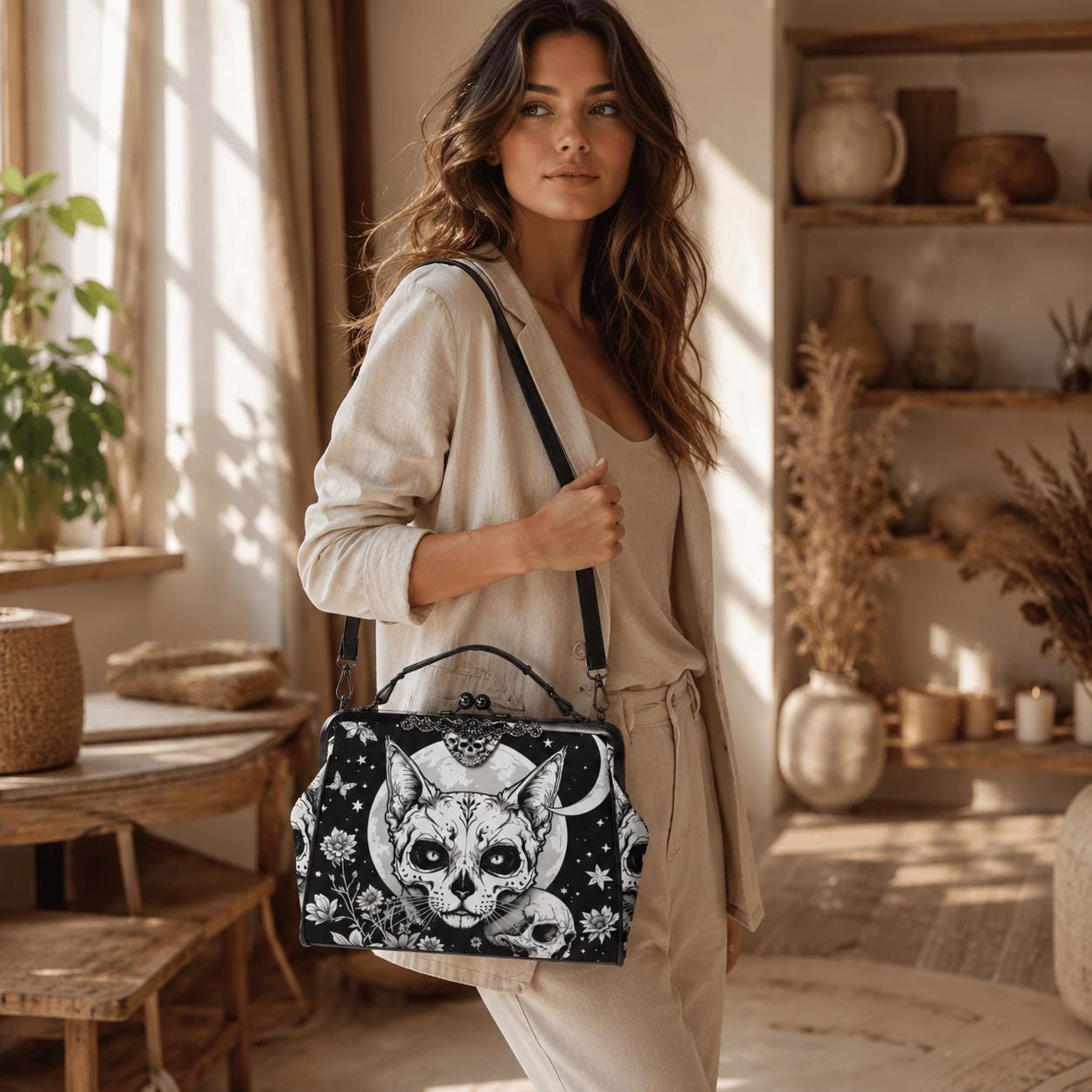 Full Moon Cat Kisslock Purse, Celestial Feline Print Handbag, Skull Flower Bag