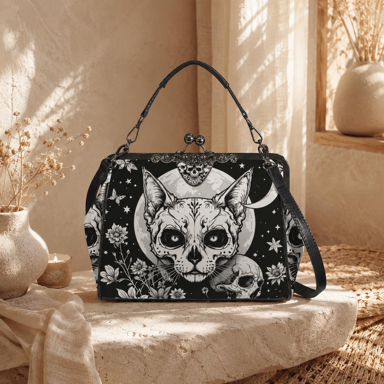 Full Moon Cat Kisslock Purse, Celestial Feline Print Handbag, Skull Flower Bag