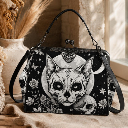 Full Moon Cat Kisslock Purse, Celestial Feline Print Handbag, Skull Flower Bag