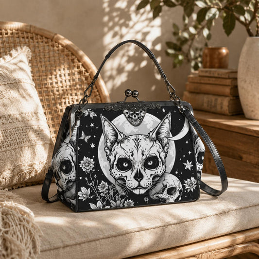 Full Moon Cat Kisslock Purse, Celestial Feline Print Handbag, Skull Flower Bag