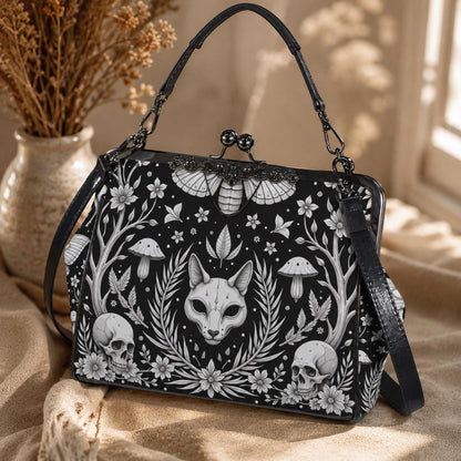 Gothic Skull Moth Print Frame Bag, Witchy Top Handle Purse, Occult Botanical Tote