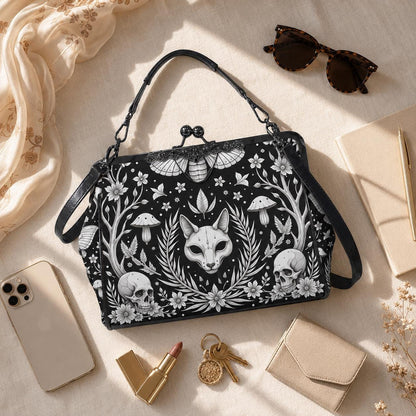 Gothic Skull Moth Print Frame Bag, Witchy Top Handle Purse, Occult Botanical Tote