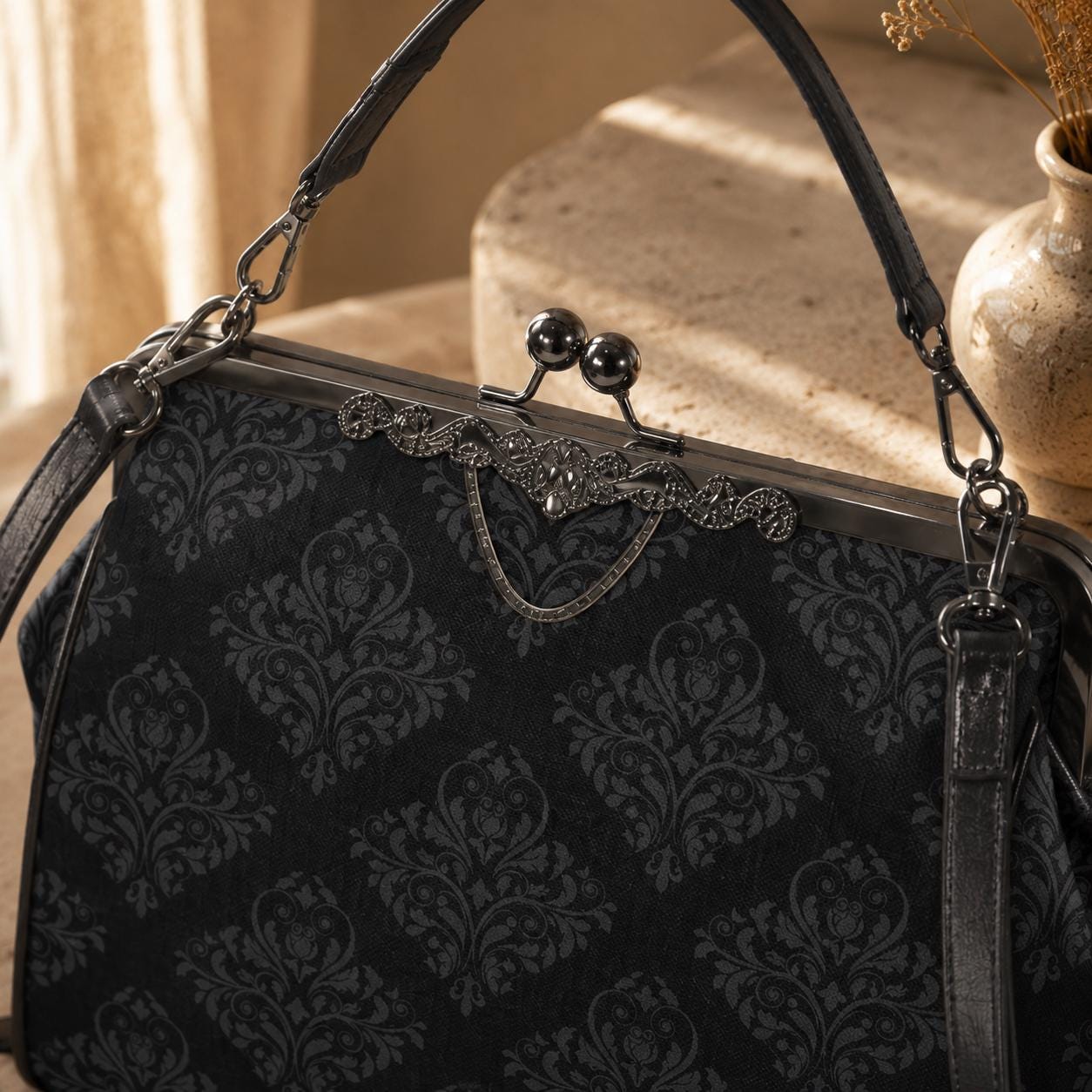 Black Damask Frame Handbag, Victorian Kisslock Evening Bag, Ornate Top Handle Purse