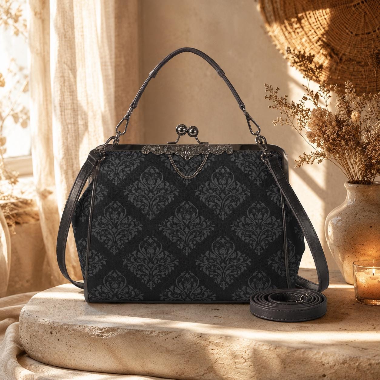 Black Damask Frame Handbag, Victorian Kisslock Evening Bag, Ornate Top Handle Purse