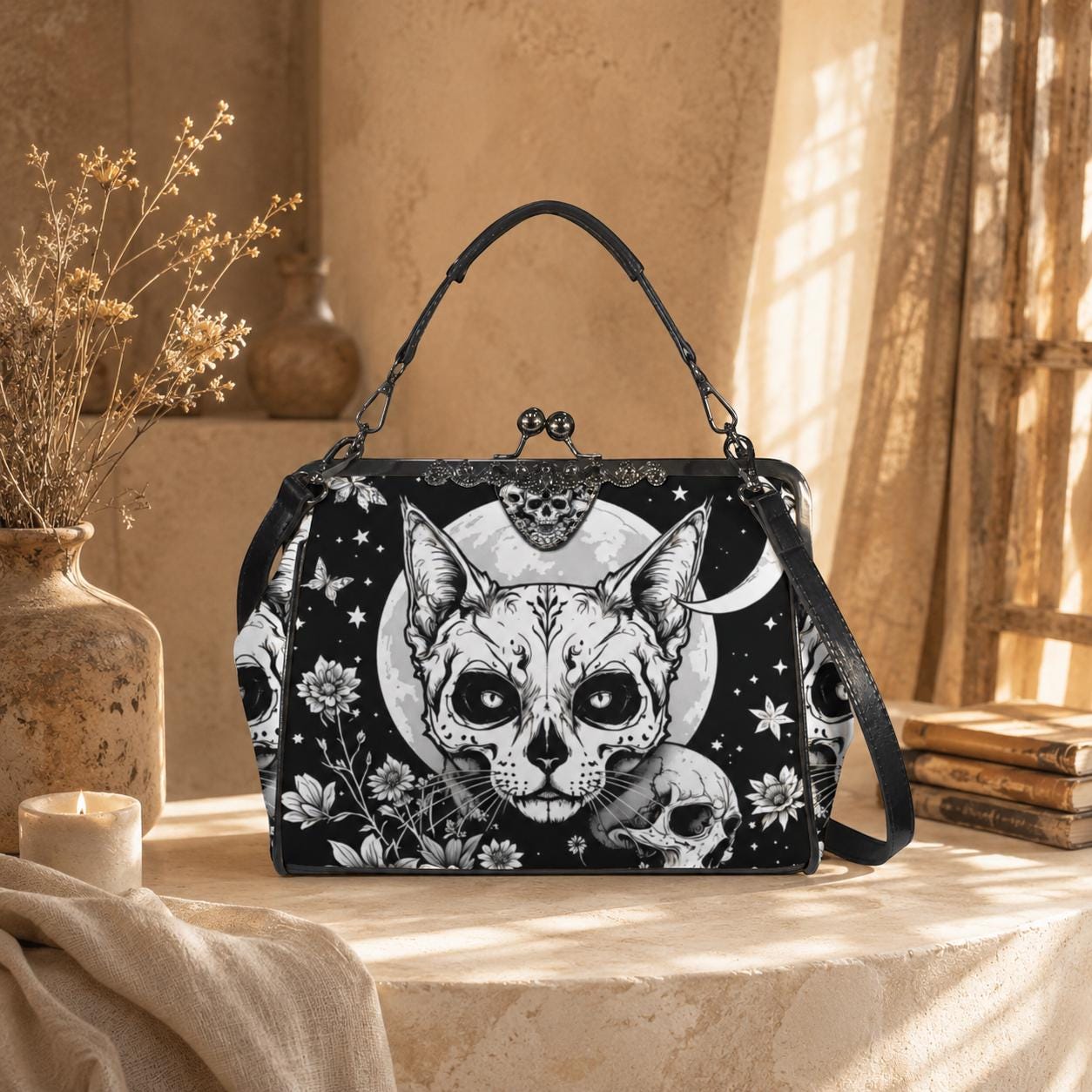 Kiss Lock Cat Purse with Moon Skull Art, Black Floral Frame Bag
