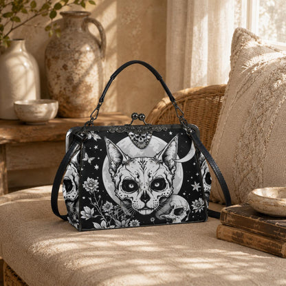 Kiss Lock Cat Purse with Moon Skull Art, Black Floral Frame Bag