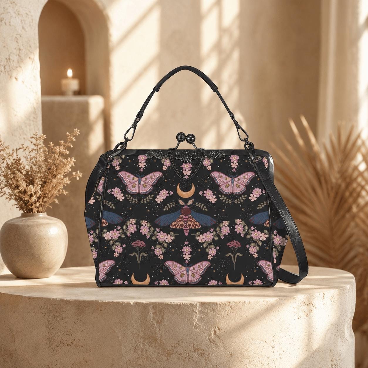 Kiss Lock Purse, Pink Moth Shoulder Bag, Moon Blossom Frame Handbag