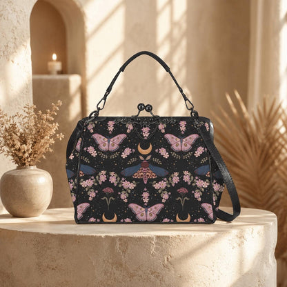 Kiss Lock Purse, Pink Moth Shoulder Bag, Moon Blossom Frame Handbag