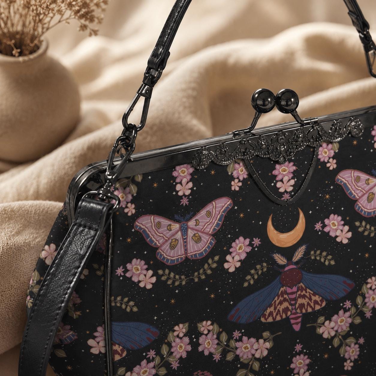 Kiss Lock Purse, Pink Moth Shoulder Bag, Moon Blossom Frame Handbag