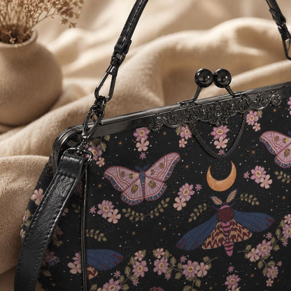 Kiss Lock Purse, Pink Moth Shoulder Bag, Moon Blossom Frame Handbag