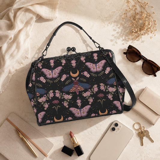 Kiss Lock Purse, Pink Moth Shoulder Bag, Moon Blossom Frame Handbag