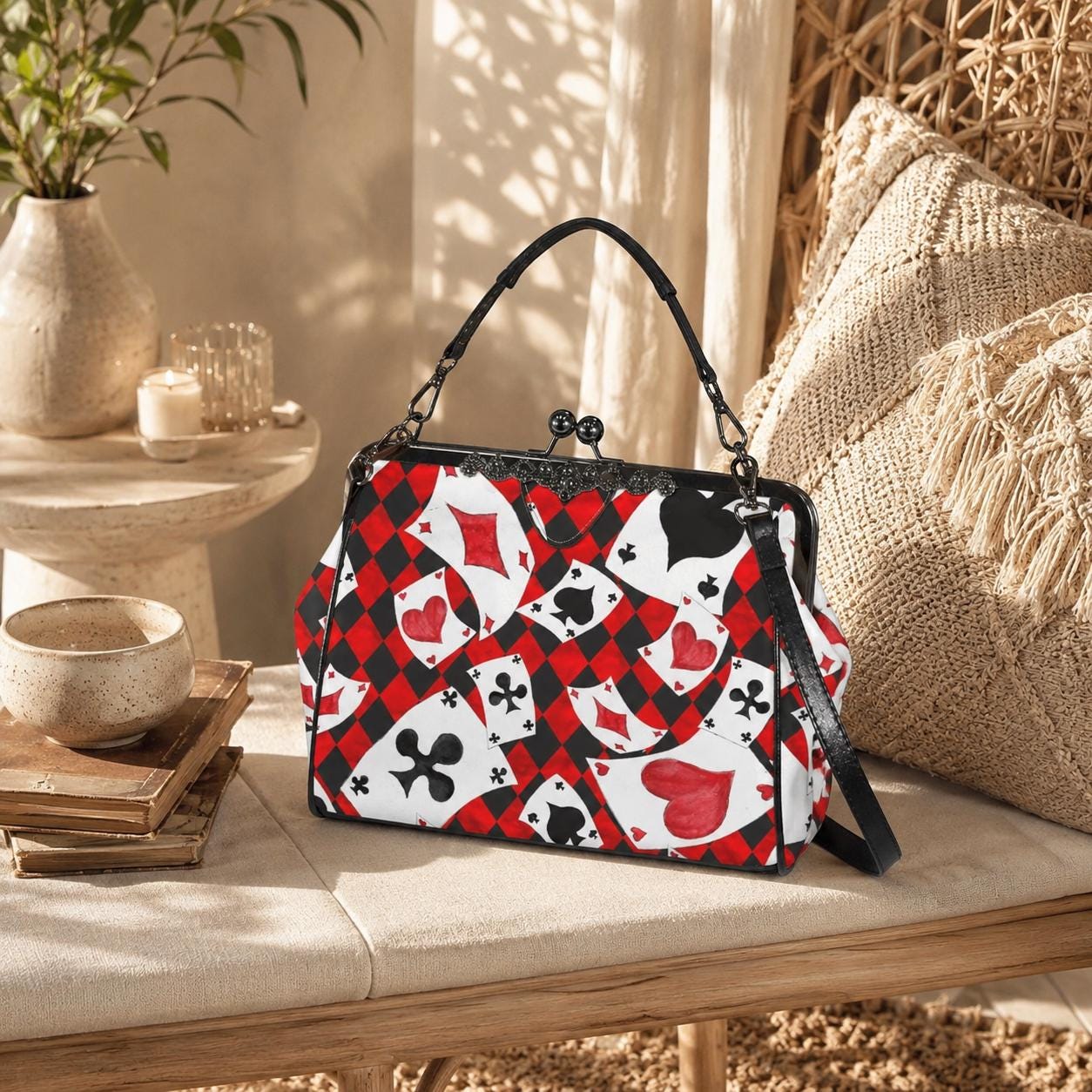 Alice in Wonderland inspired kisslock bag, Queen of Hearts card suit purse, red harlequin frame handbag, vintage top handle novelty bag
