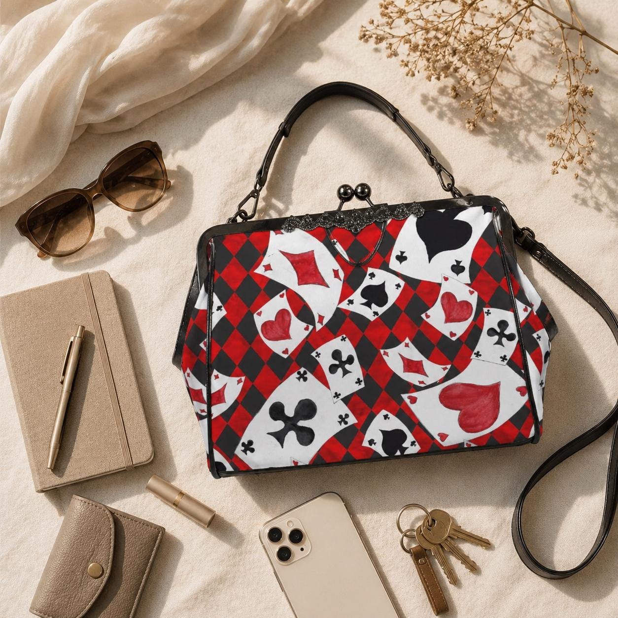 Alice in Wonderland inspired kisslock bag, Queen of Hearts card suit purse, red harlequin frame handbag, vintage top handle novelty bag