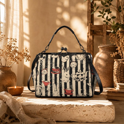 Wonderland Rabbit Tea Party Kisslock Handbag, Striped Frame Purse, Clock Teacup Top Handle Bag, Storybook Crossbody Statement Purse