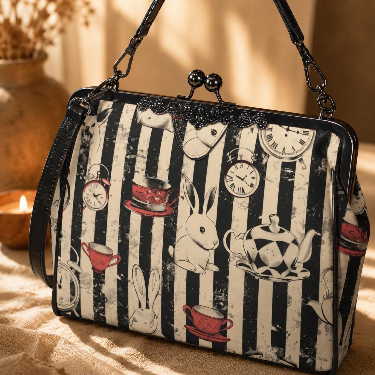 Wonderland Rabbit Tea Party Kisslock Handbag, Striped Frame Purse, Clock Teacup Top Handle Bag, Storybook Crossbody Statement Purse