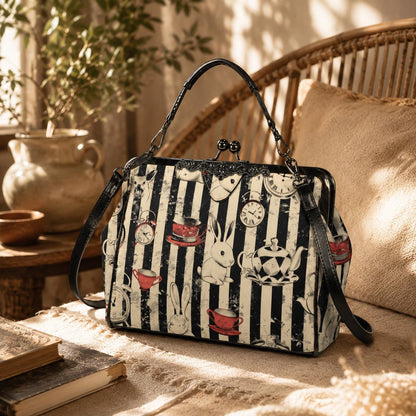 Wonderland Rabbit Tea Party Kisslock Handbag, Striped Frame Purse, Clock Teacup Top Handle Bag, Storybook Crossbody Statement Purse