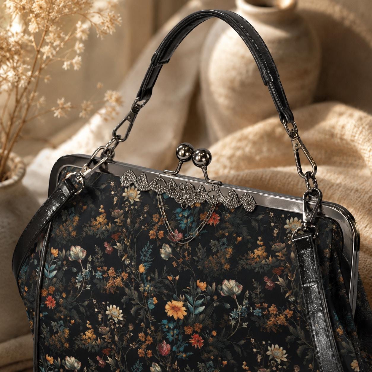Dark Floral Purse, Gothic Flower Bag, Witchy Floral Clutch