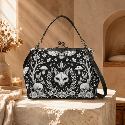 Gothic Fox Skull Handbag, Witchy Cat Crossbody Clutch, Dark Fairy Occult Fashion Bag
