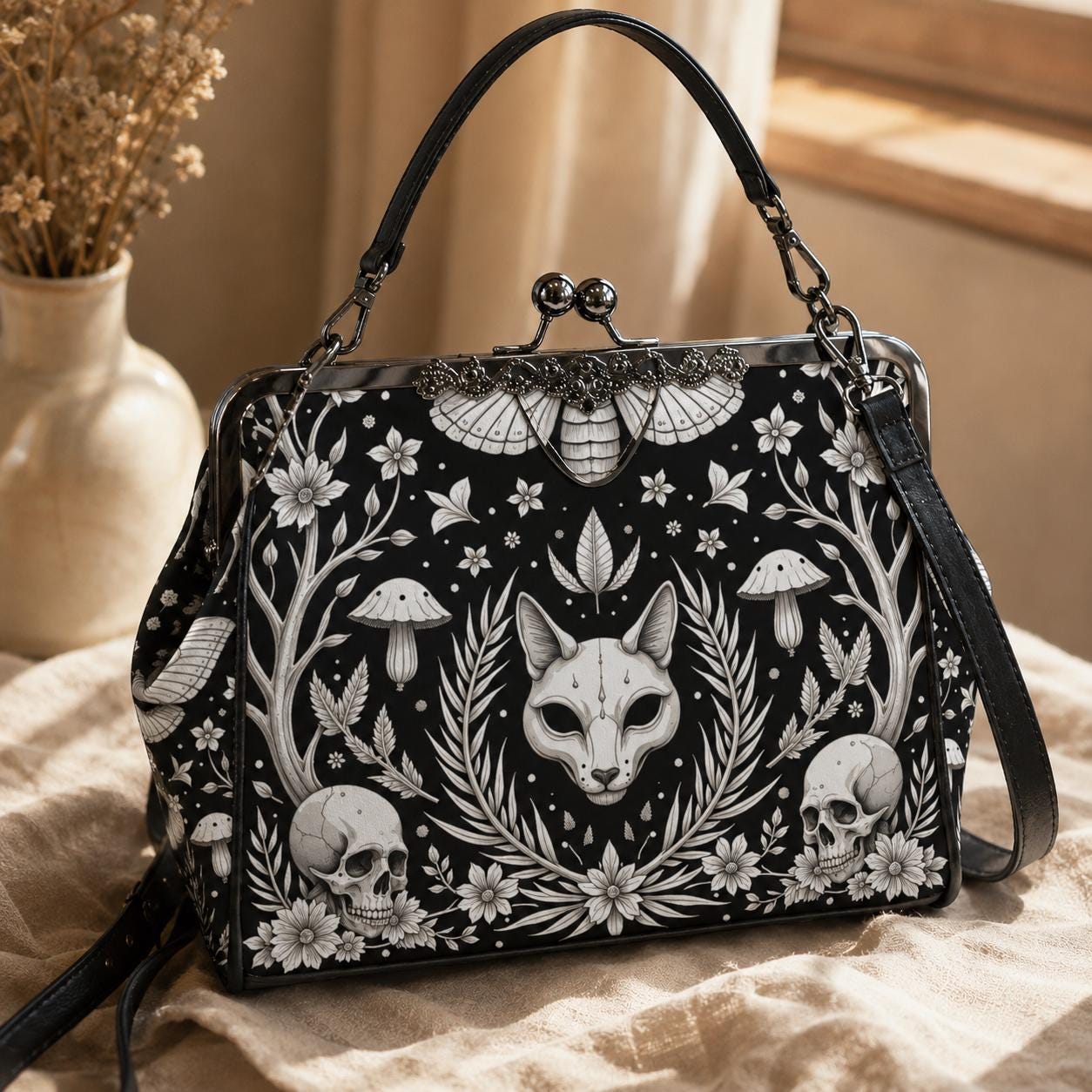 Gothic Fox Skull Handbag, Witchy Cat Crossbody Clutch, Dark Fairy Occult Fashion Bag