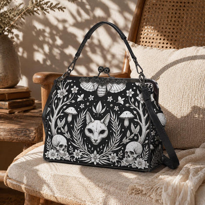 Gothic Fox Skull Handbag, Witchy Cat Crossbody Clutch, Dark Fairy Occult Fashion Bag