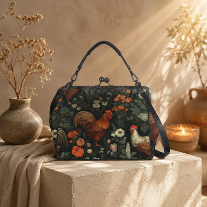Rooster Floral Kisslock Bag, Vintage Cottage Farmhouse Handbag, Chicken Print Purse
