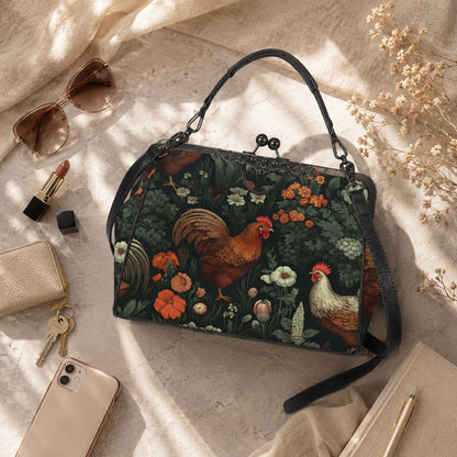 Rooster Floral Kisslock Bag, Vintage Cottage Farmhouse Handbag, Chicken Print Purse