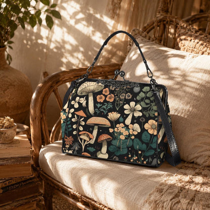 Mushroom Floral Kiss Lock Purse, Woodland Cottagecore Satchel, Vintage Frame Handbag