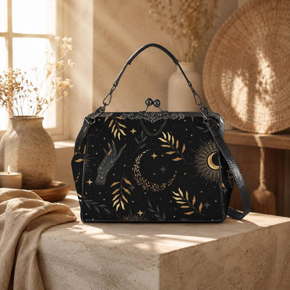 Kiss Lock Bag Celestial Moon Purse, Witchy Evening Handbag with Crossbody Strap