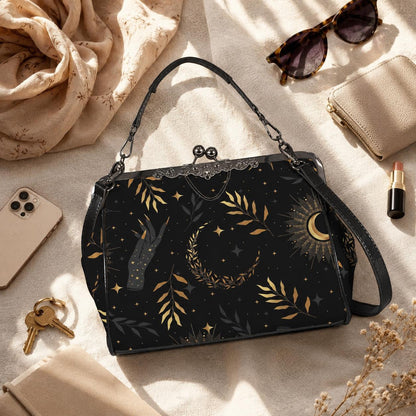 Kiss Lock Bag Celestial Moon Purse, Witchy Evening Handbag with Crossbody Strap