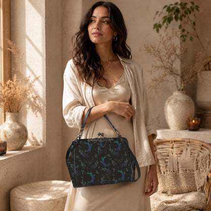Moon Phase Kiss Lock Purse, Botanical Crescent Handbag in Blue Green Night Sky