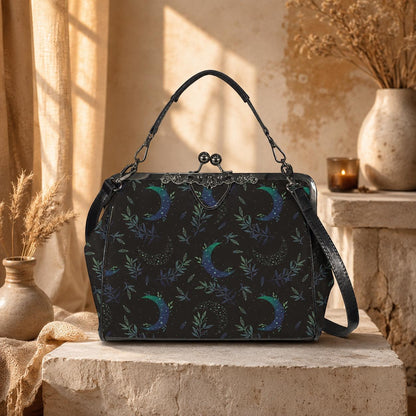 Moon Phase Kiss Lock Purse, Botanical Crescent Handbag in Blue Green Night Sky
