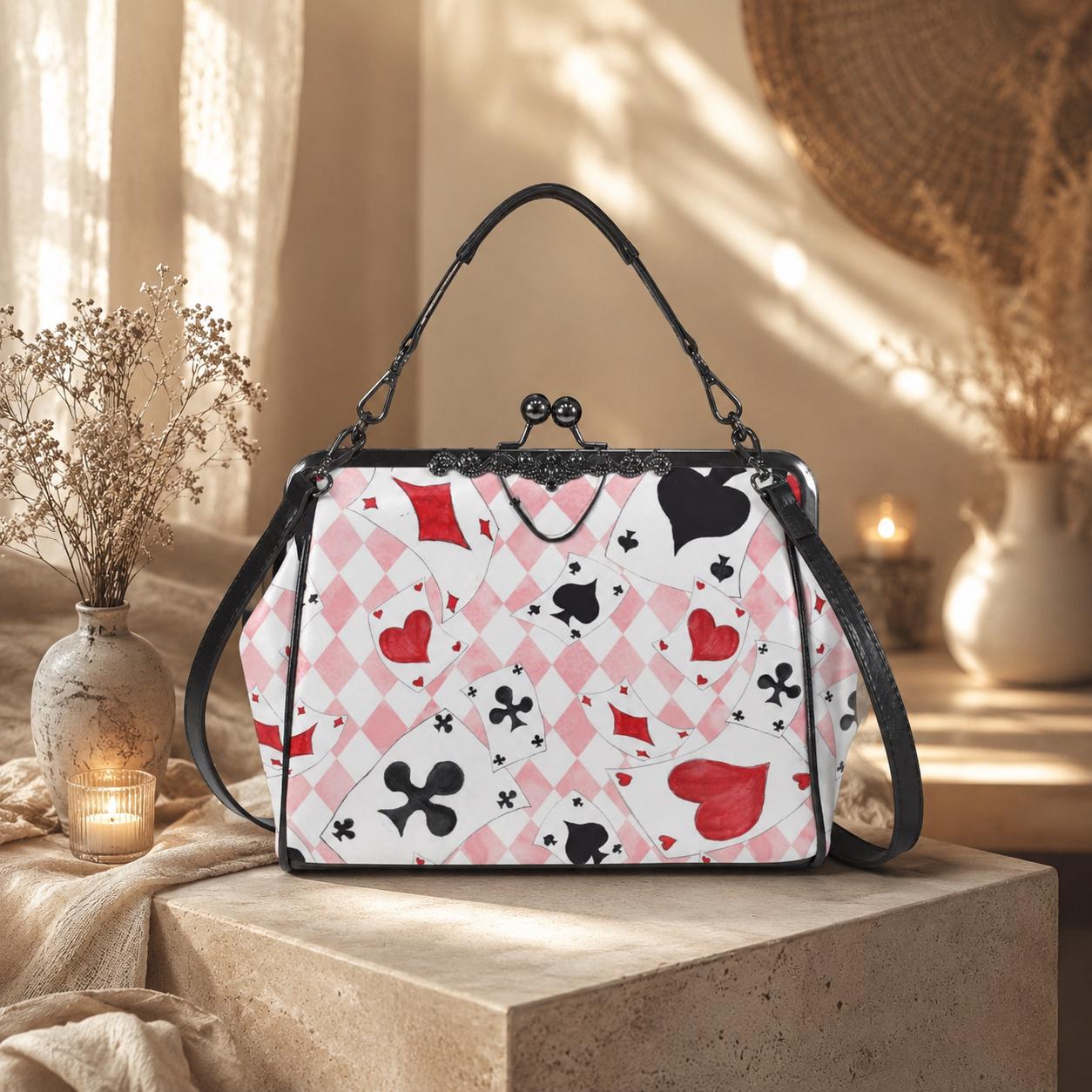 Alice Inspired Harlequin Card Suit Kiss Lock Bag, Pink Wonderland Handbag